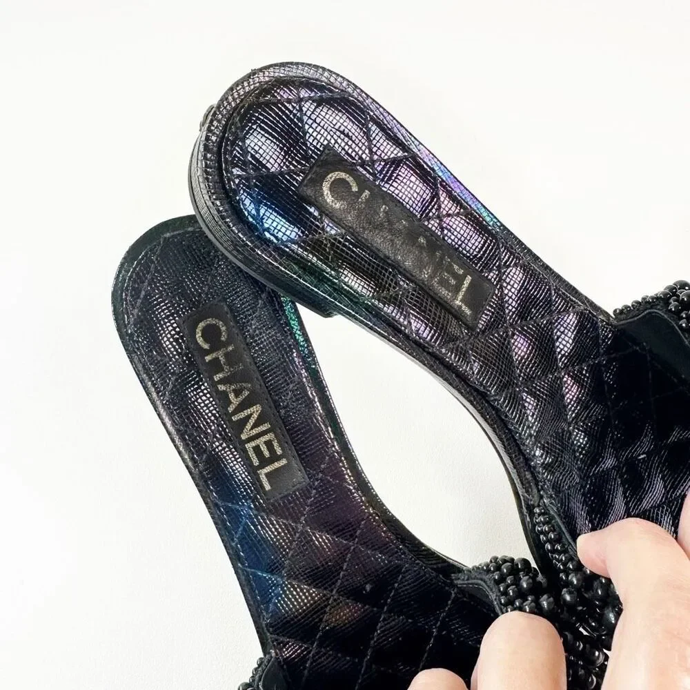 CHANEL Black Fantasy Pearl Cord Sandals Size 37 Mules Open Toe Slides CC Flat